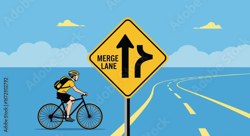 Cyclist Approaching Merge Lane Sign Under A Blue Sky, Cycling Safety Illustration
