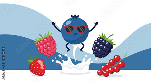 Delightful Berry Blend Featuring Animated Blueberry with Playful Splash and Sunny Atmosphere