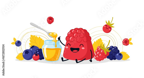 Delightful Berry Friends Celebrating Sweet Honey in a Whimsical Illustration