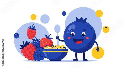 Delightful Blueberry Character Presenting Colorful Fruits and Nourishing Breakfast Options