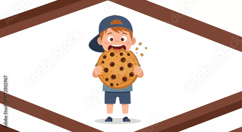 Delightful Boy Devouring Huge Cookie, Animated Image with Adorable Graphic Style
