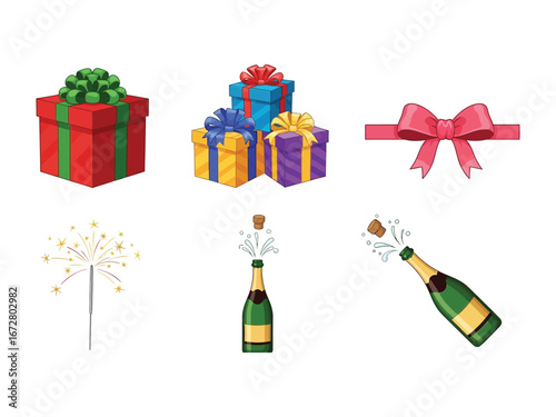 Celebratory Array: Festive array of gifts, ribbons, champagne, and fireworks, celebrating life's special moments with vibrant color and joy. 