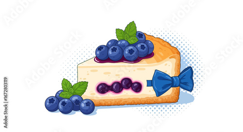 Delightful Cheesecake Slice Decorated With Blueberries, Bowtie, And Fresh Mint