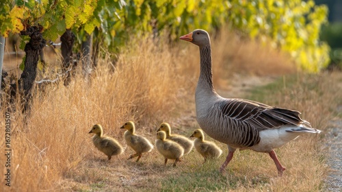 Goose and goslings in vineyard