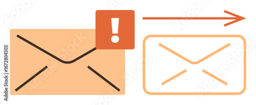 Two envelopes, one with an alert icon and an arrow pointing to another, represent urgent email, communication, notification, messaging, and task management. Ideal for business, apps teamwork IT