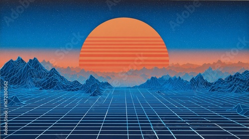 Retro sci-fi landscape with grid floor, sunset, mountains, and starry sky