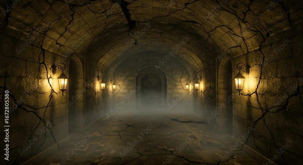 Fototapeta premium Old cemetery crypt with cracked stone walls