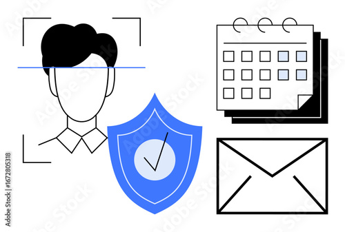 Face scanning technology, shield with checkmark, calendar with marked days, envelope for email. Ideal for security, privacy, planning, biometrics communication scheduling technology topics. Simple