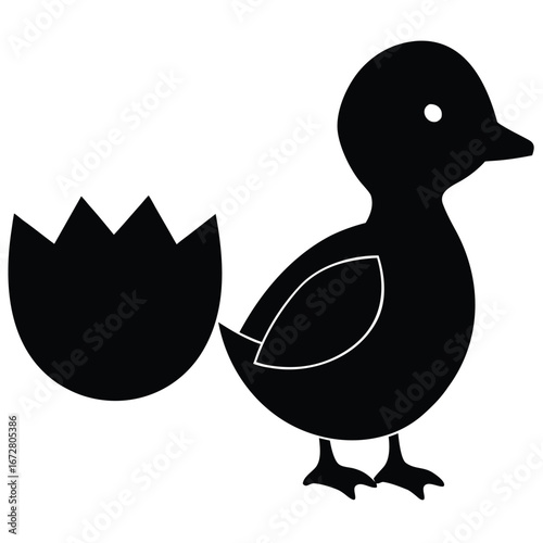 Black duckling and eggshell silhouette chick hatching