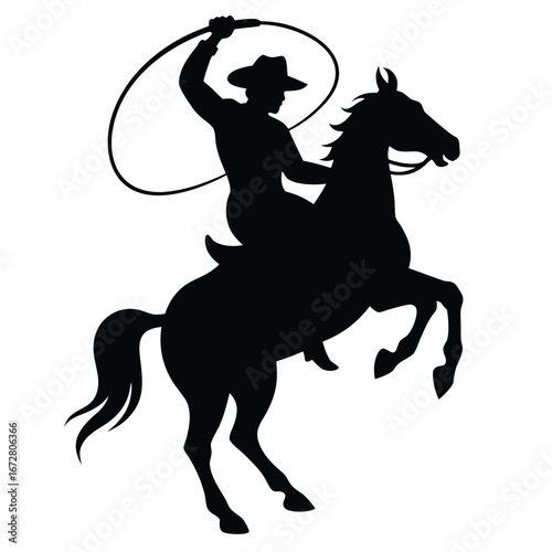 Cowboy lassoing on rearing horse whip
