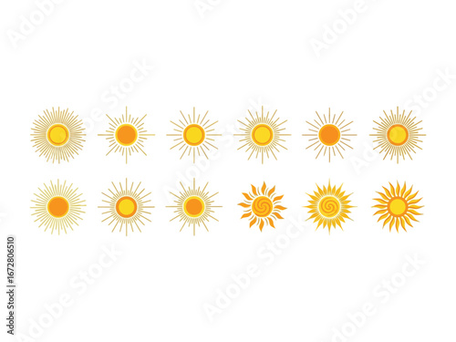 Different Forms of Sunshine: A vibrant display showcasing an array of stylized sun symbols, each radiating warmth and cheer, perfect for infusing your designs with brightness and positivity.