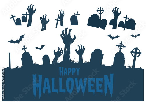 Spooky Halloween graveyard silhouette with zombie hands, bats, and text