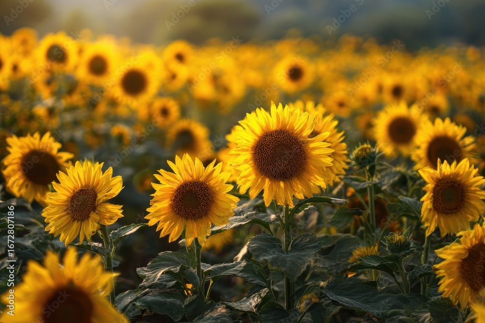 Obraz premium Scenic sunflower garden at sunset Vibrant blooms in an organic field on a sunny day