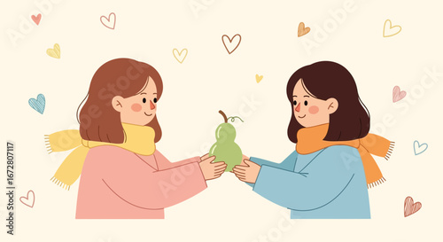 Delightful Duo Sharing A Playful Gift, Wrapped In Cozy Scarves, Embracing Friendship.