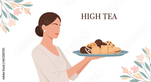 Elegant Woman Offering a Plate with Biscuits for High Tea Amidst Floral Delights