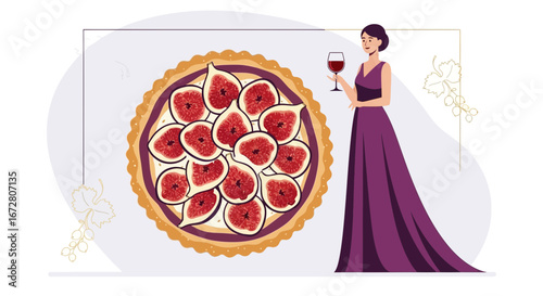 Elegant Woman Pairing Wine With Fresh Fig Tart Against A Soft Background