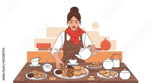 Elegant Woman Pours Tea Beside Delicious Biscuits, Creating A Cozy, Inviting Ambiance
