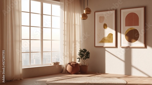 Sunlit living room featuring minimalist art, cozy seating, natural tones, and large windows overlooking an urban skyline for relaxation.