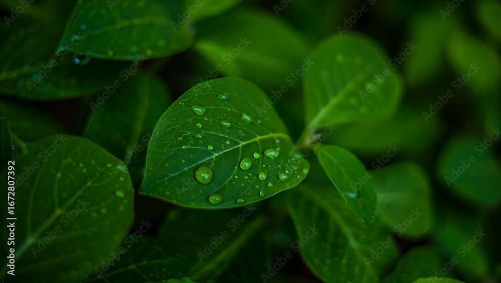 Fototapeta premium Fresh green leaves glistening with delicate water droplets in a close-up botanical study.
