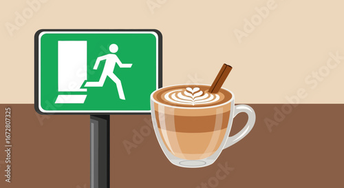 Emergency Exit Sign Suggests Coffee Break Escape With Delicious, Aromatic Latte