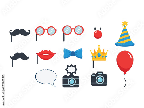 Party Props and Accessories: A collection of fun and vibrant party props and accessories, perfect for adding a touch of playfulness and excitement to any celebration. Featuring mustaches, glasses.