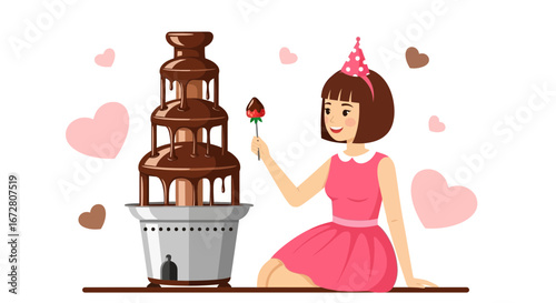 Enchanting Woman Enjoying Chocolate Fountain with Strawberry Delights in Sweet Celebration