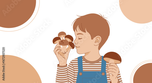 Enchanting Youngster Delighted by the Aroma of Freshly Harvested Mushrooms