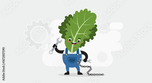 Energetic Chard Depicted As A Smiling Mechanic, Holding Wrenches Near Gear Illustrations