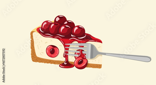 Delightful Slice of Cherry Cheesecake with Fork, a Tempting Sweet Treat Illustration
