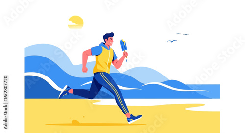 Energetic Runner Enjoying Refreshing Ice Cream On Sandy Beach During Summer Time