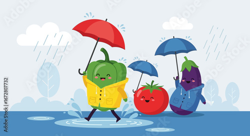 Delightful Vegetables Enjoying Rainy Weather Under Umbrellas, Cute Illustration