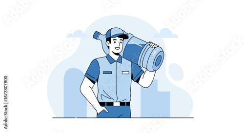 Delivery Man Holding Large Water Bottle, Ready to Serve and Provide Hydration