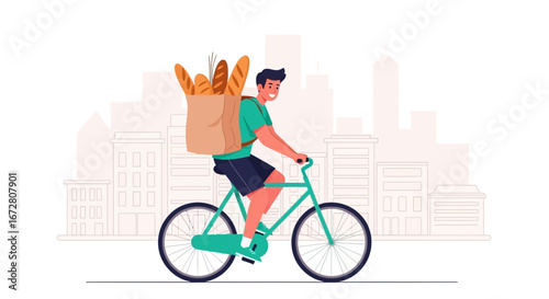 Delivery Man Cycling Across City Delivers Fresh Baked Goods on a Bicycle
