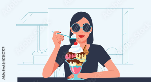 Enjoying A Delicious Ice Cream Sundae on A Sunny Day with Stylish Sunglasses