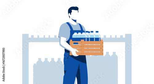 Delivery Person Carrying Wooden Crate With Bottled Water Ready To Distribute