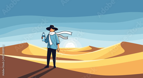 Desert Explorer Holding Water Bottle Amidst The Arid And Vast Sand Dunes Scenery