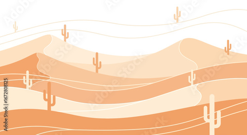 Desert Landscape Illustration Featuring Cacti, Sand Dunes, And A Minimalist Design
