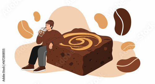 Enjoying Delicious Drinks Alongside a Large Brownie Slice in a Pleasant Setting