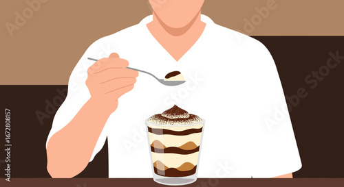 Dessert Delights: A Person Enjoying Delicious Tiramisu In A Glass, Eating Italian Sweets