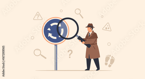 Detective Investigating Circular Route With Magnifying Glass Illustration