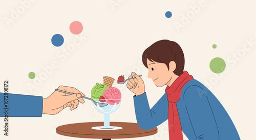 Enjoying Delicious Ice Cream Sundae with a Friend in an Appealing Drawn Illustration
