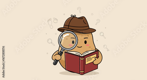 Detective Potato Reads Book, Discovering Mysteries, Solving Puzzles, Cute Illustration