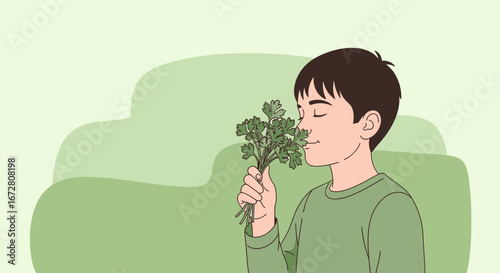 Enjoying Fresh Herbs: A Young Person's Peaceful Moment with Verdant Aromatics