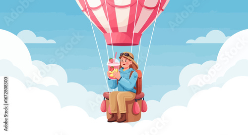 Enjoying Refreshing Drink in a Hot Air Balloon, Soaring Above the Clouds
