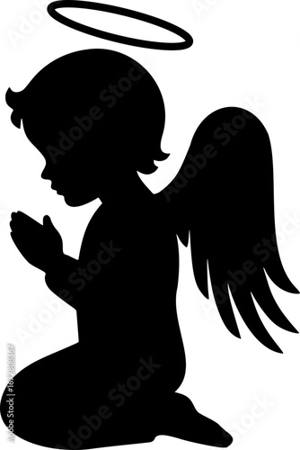 Child angel praying and kneeling silhouette vector black and white icon isolated illustration image decal design file download