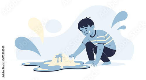 Disheartened Boy Staring At The Melted Ice Cream On The Floor Blue Illustration