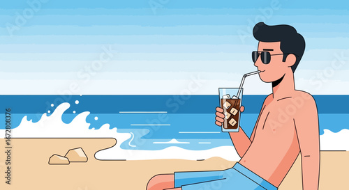 Enjoying Summer Refreshment Illustration: A Man Savoring Drink On Sandy Beach