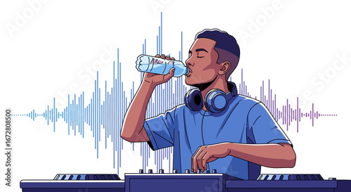 Dj Refreshing Himself With Water While Composing New Music On A Digital Mixer