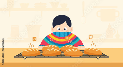 Enthusiastic Baker Admiring Freshly Baked Breads In A Warm And Inviting Kitchen Scene