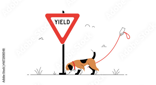 Dog On Leash Near A Yield Sign With Simple Graphic Style Illustration